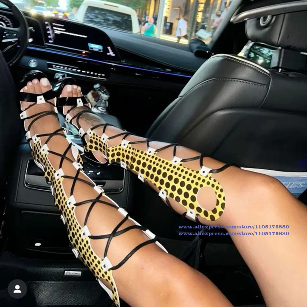 

Strappy Polka Dot Stiletto Heels Sandal Boots Platform Cross-Tied Knee High Sandals Women's Designer Sandalias De Mujer Verano