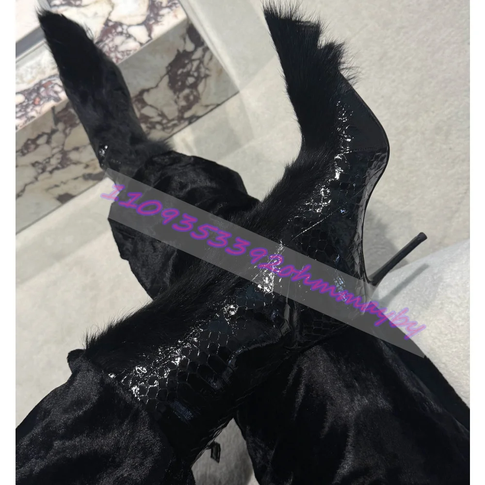 Women Black Fur Spliced Mid Calf Boots Pointed Stiletto Heel Back Zip Punk Night Club Street Ladies Fashion High Heel Footwear