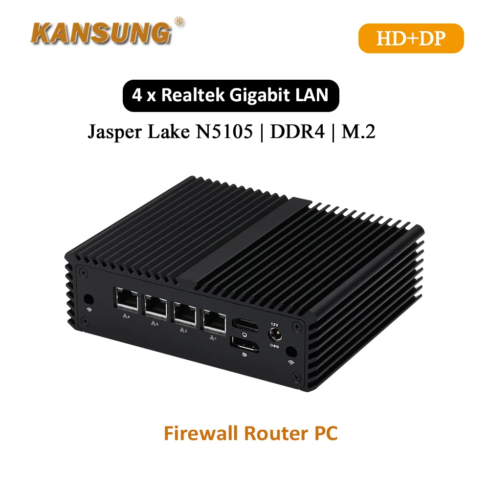 Kansung-Mini Computador Fanless, Celeron Celeron N5105, Quad Core, Barebone, 4 x LAN, RAM DDR4, SSD M.2, RJ-45