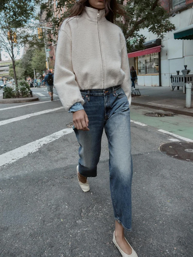 

European style new women's fashion versatile temperament solid color long sleeve stand collar pearl leather jacket