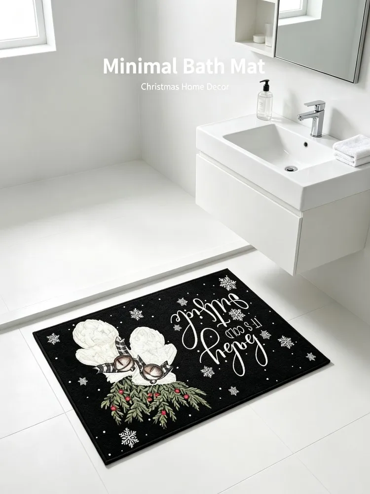 Winter Christmas Glove Bathroom Mat Soft Flocking Absorbent Bath Rug Snowflake Pine Berry Non‑Slip Holiday Floor Doormat Home De