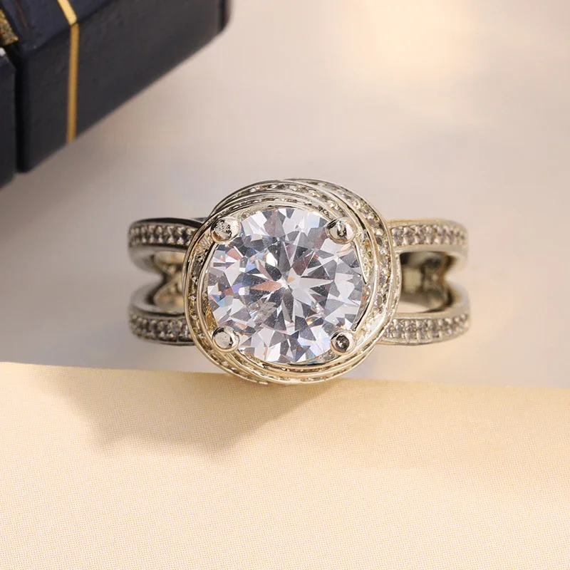 

925 Silver Plated Elegant Geometric Hollow Out Zircon Ring for Women Sparkling Cubic Zirconia Wedding/Bridal/Party Jewelry Gift