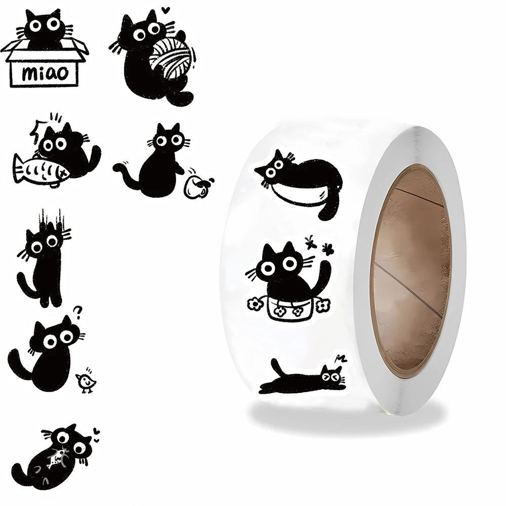 500PCS Little Black Cat Roll Stickers Harajuku Scrapbooking Luggage Cool Phone Coffee Laptop Gift For Waterproof Guitar Sticker image 3
