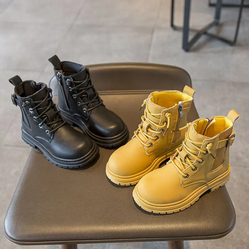 Children's British Style Boots 2026 Autumn Winter Big Kids Soft Sole Short Boots for Boys Girls Vintage Yellow Casual Footwear