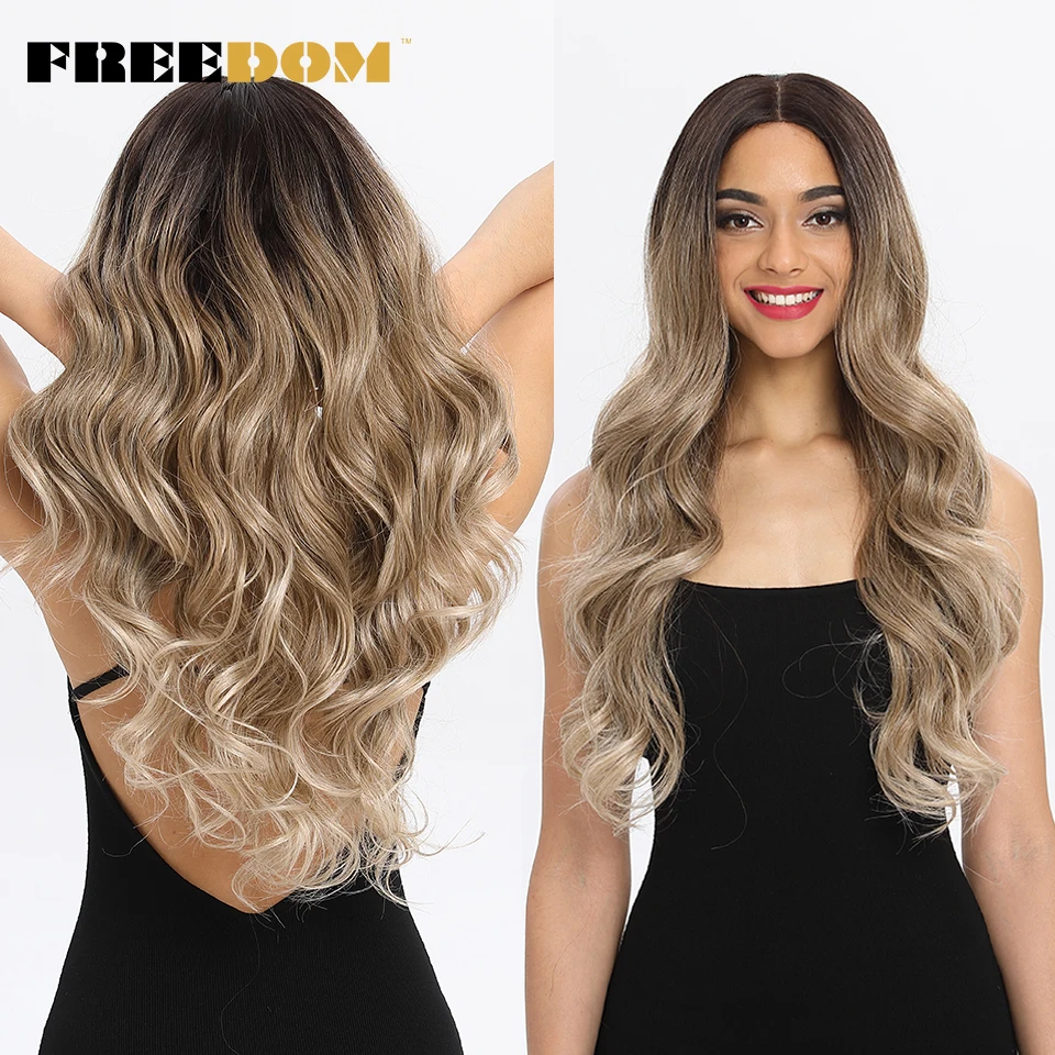 FREEDOM Synthetic Lace Front Wigs 13x4 Highlight Orange Ginger Lace Front Wig Ombre Blonde Long Wavy Cosplay Wigs For Women