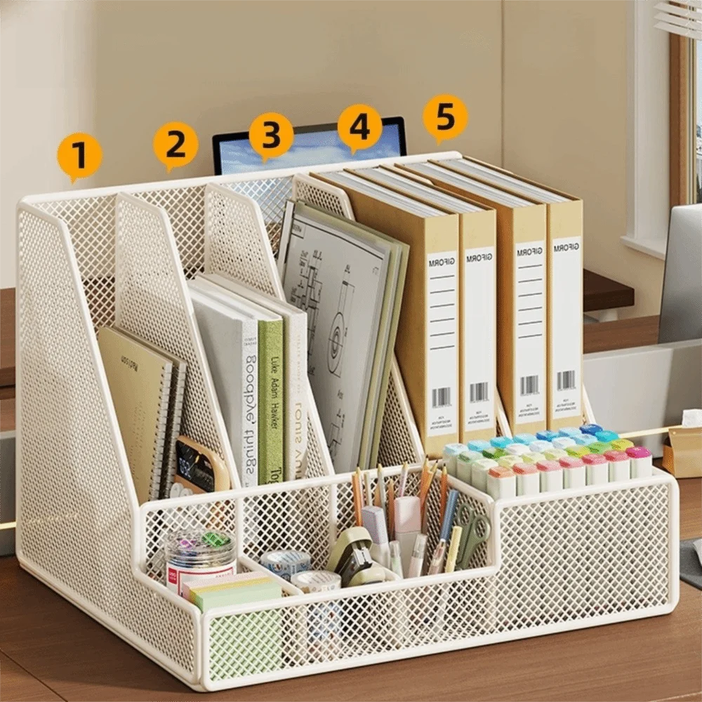 with Pen Holder Metal Desktop File Folder Multi-Compartment Organizer Space-Saving Document Storage Shelf 3 Or 4 Slot