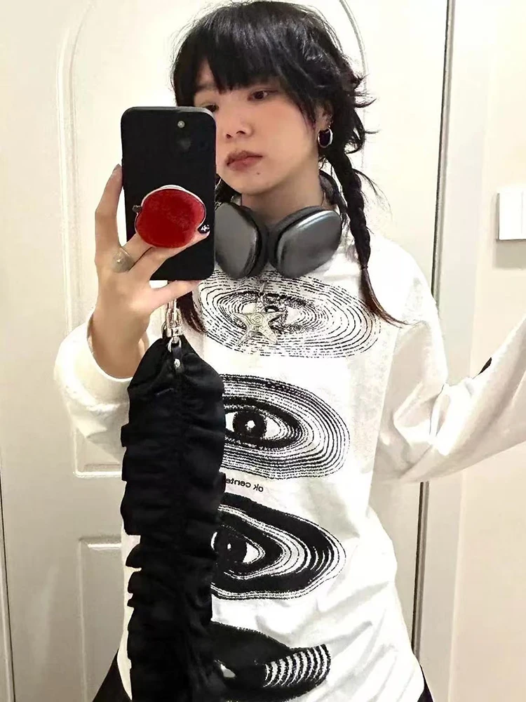American Circle Printing Women T Shirt Autumn Loose Long Sleeve Cotton Tops Y2K Harajuku Streetwear All Match O Neck Tees New