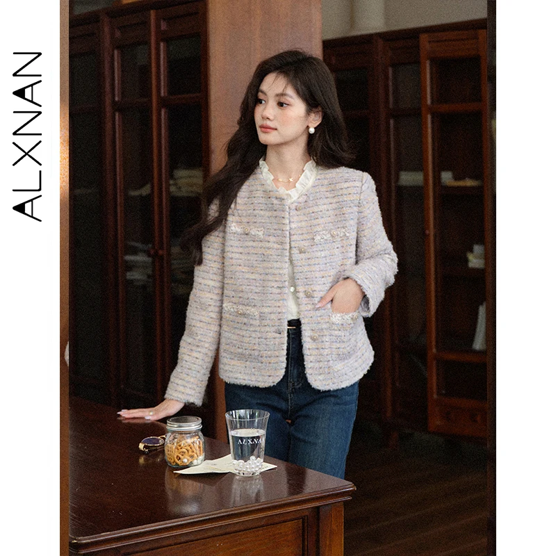 ALXNAN violet veste courte femmes 2025 automne hiver nouveau rayé col rond droit laine veste décontracté élégant vestes L57926