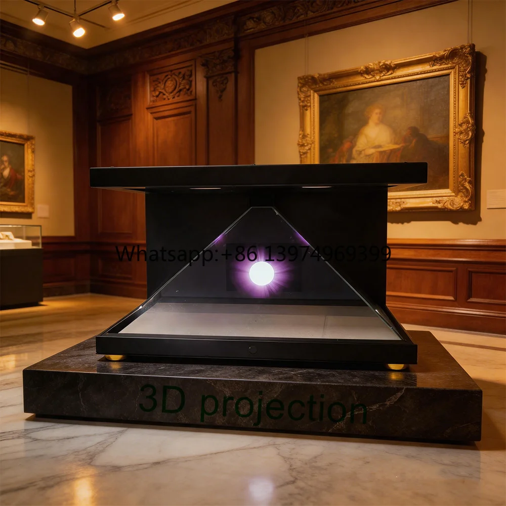 SMX 3D Pyramid Hologram Jewelry Display Showcase with 16:9 Glass Projection Screen (460x570)-Non-Portable Elegant Design