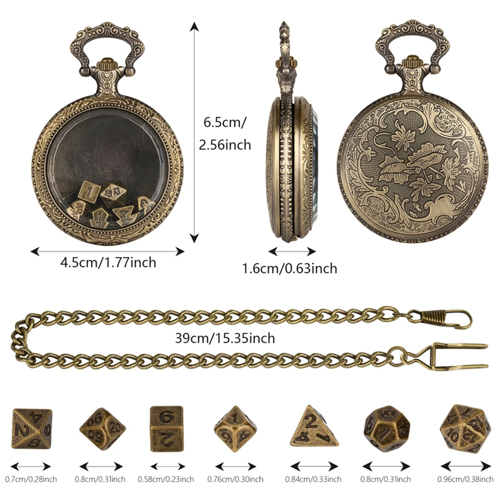 Old Fashion Transparent Glass Pocket Watch Case Waist Hook Fobs and Chains with 7pcs Metal Polyhedral Table Game Dice Accessory