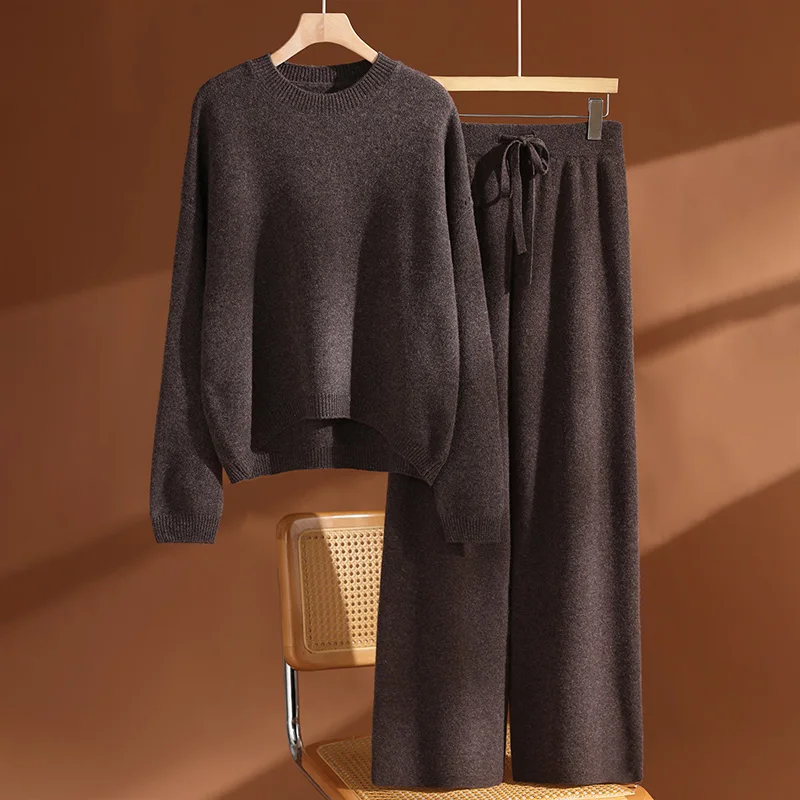 

2026 Новый шикарный женский комплект из двух предметов, свитер, осень-зима, с круглым вырезом, 100% мериносовая шерсть, трикотаж, широкие джинсы, брюки, ленивая одежда