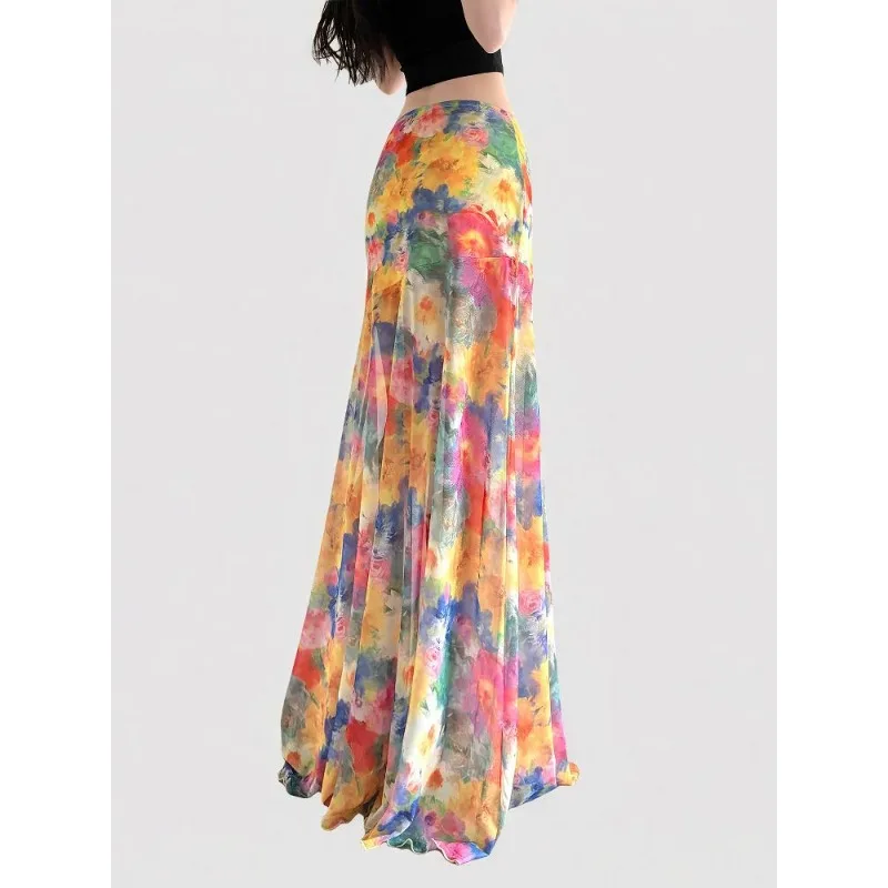 Printed Contrasting Elastic High-waisted Colorful Blooming Skirt Beach Mesh Floor-length Long Skirt for Women