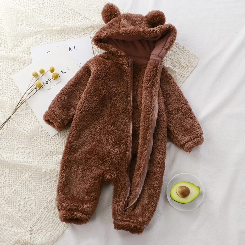 Baby Girl Clothes 0-2Y Newborn Baby Solid Fleece Warm Rompers with Cute Bear Ear Soft Skin-Friendly Jumpsuit Baby Clothes