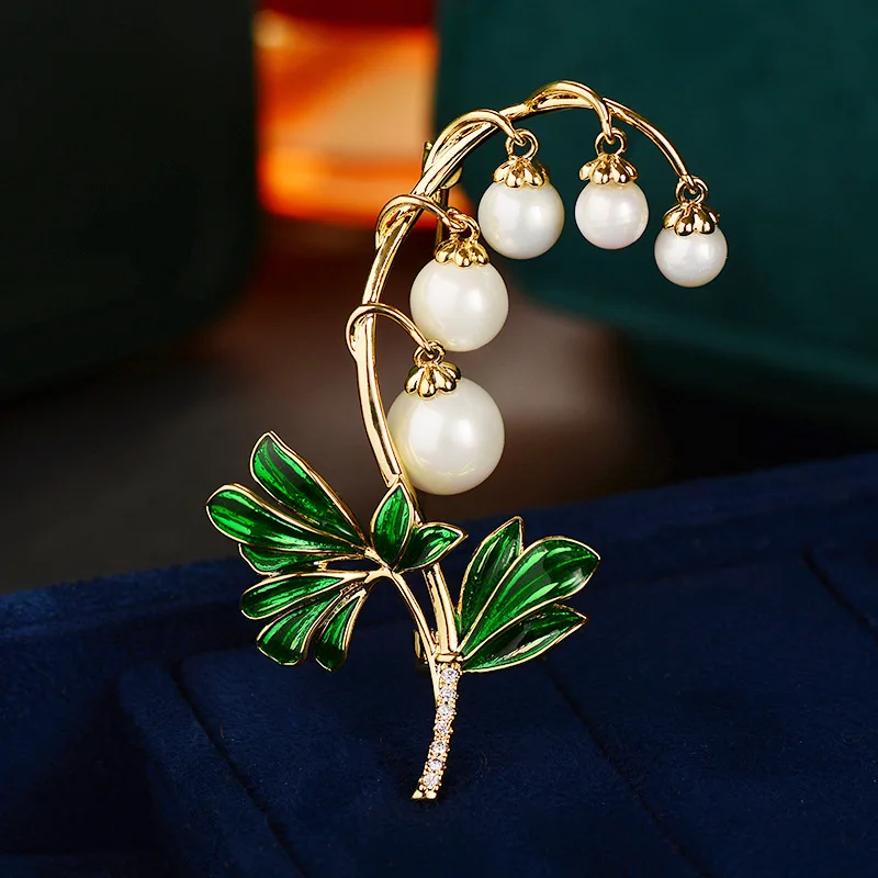 Chinese Style Lucky Lily Of The Valley Pearl Enamel Golden Brooch Elegant Auspicious Versatile Lapel Pin Corsage Gift For Women