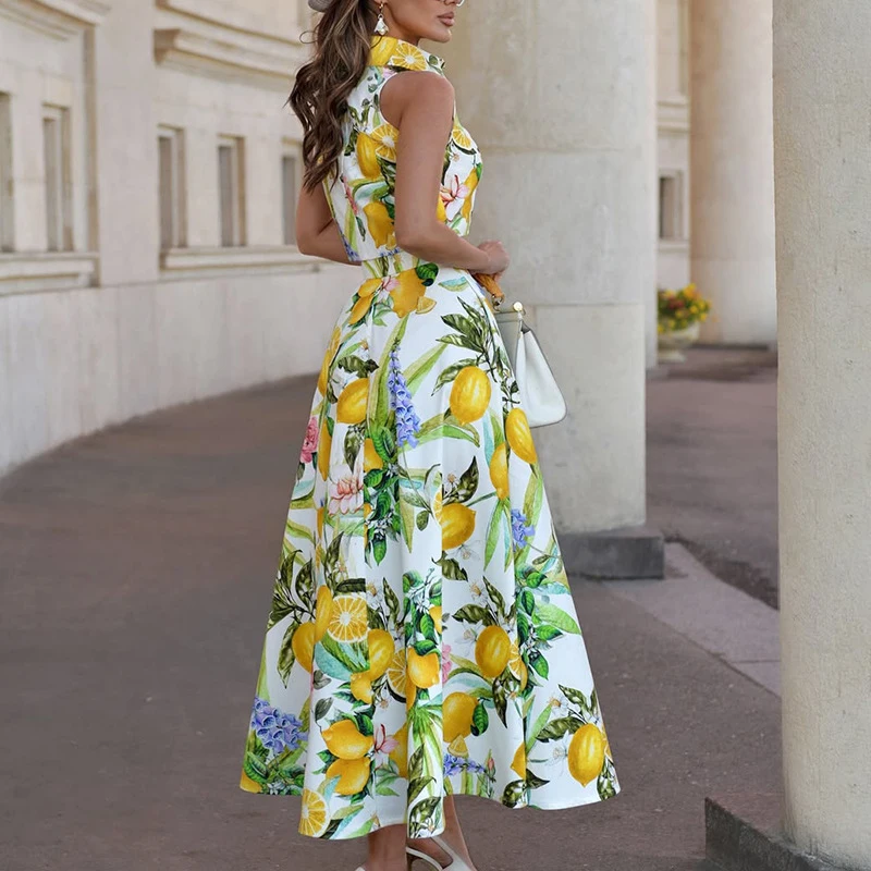 

Summer Holiday Printed Women's Outfit Lapel Collar Sleeveless Top and Long Skirt Two Piece Set Fashion Bohemian Slim Party Suit