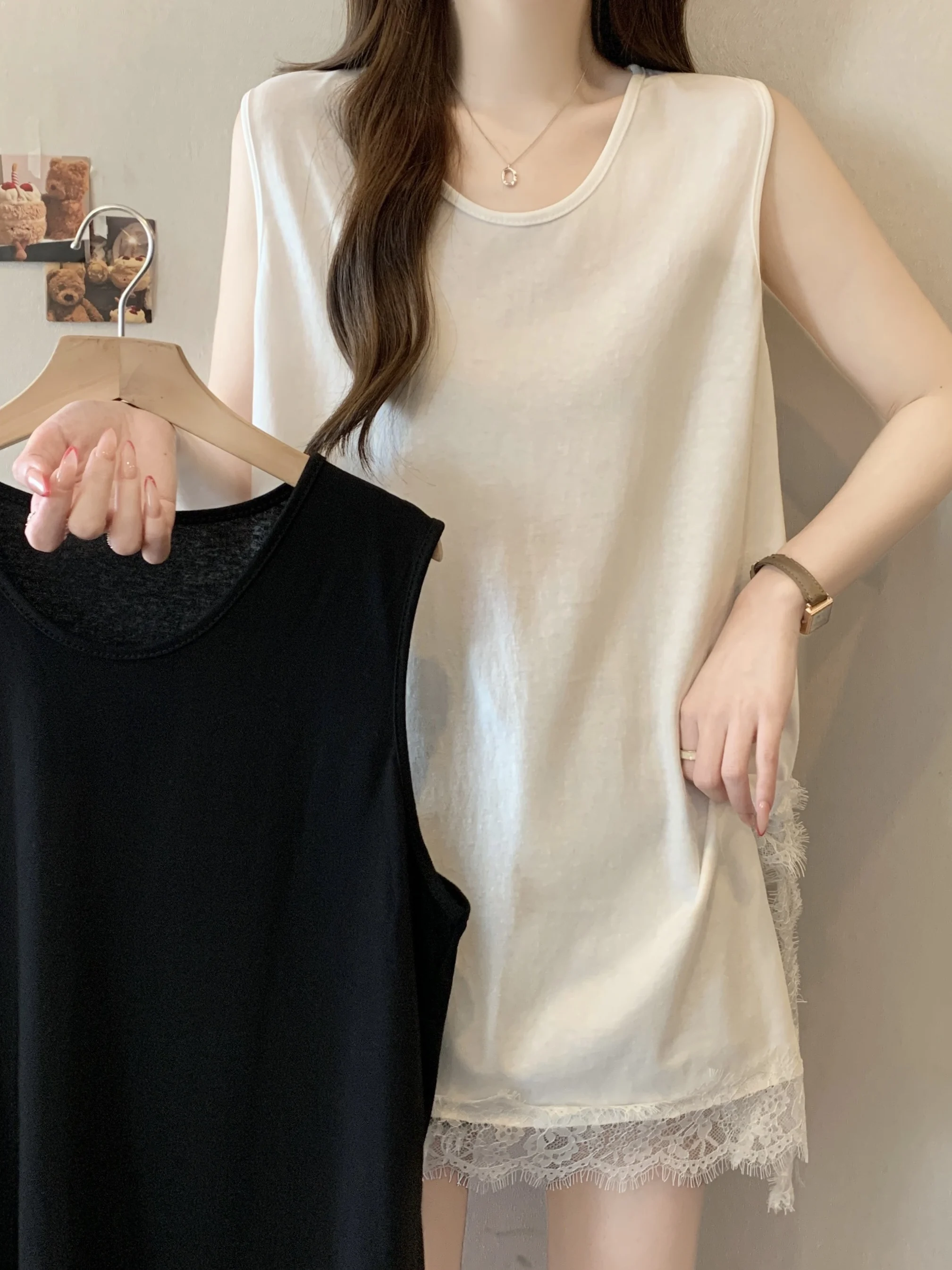 

Летний модный топ без рукавов больших размеров с кружевными вставками, свободный, стройнящий, женский жилет, повседневный, с круглым вырезом, влагоотводящий