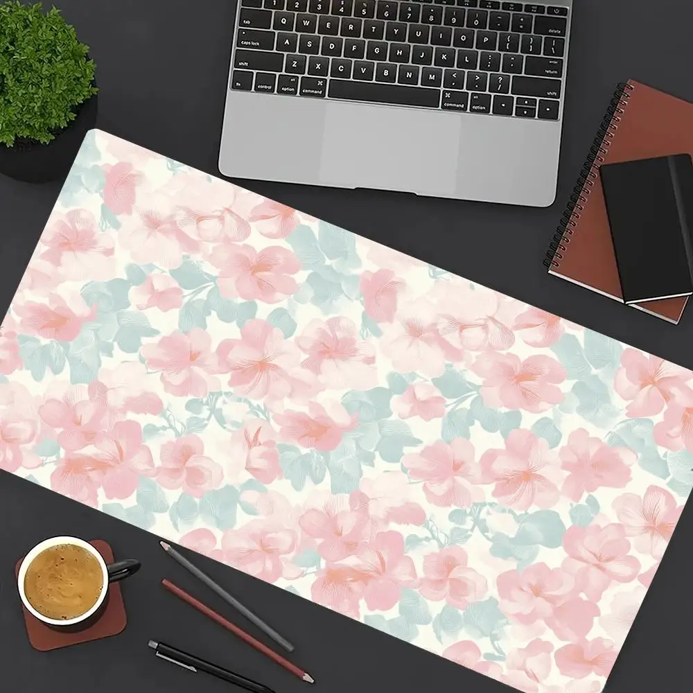 

Pink Floral Mouse Pad Large Computer Office Game Table Mat XXL Rubber Anti-slip Stitched Edge Keyboard Mats Long Desk Pads