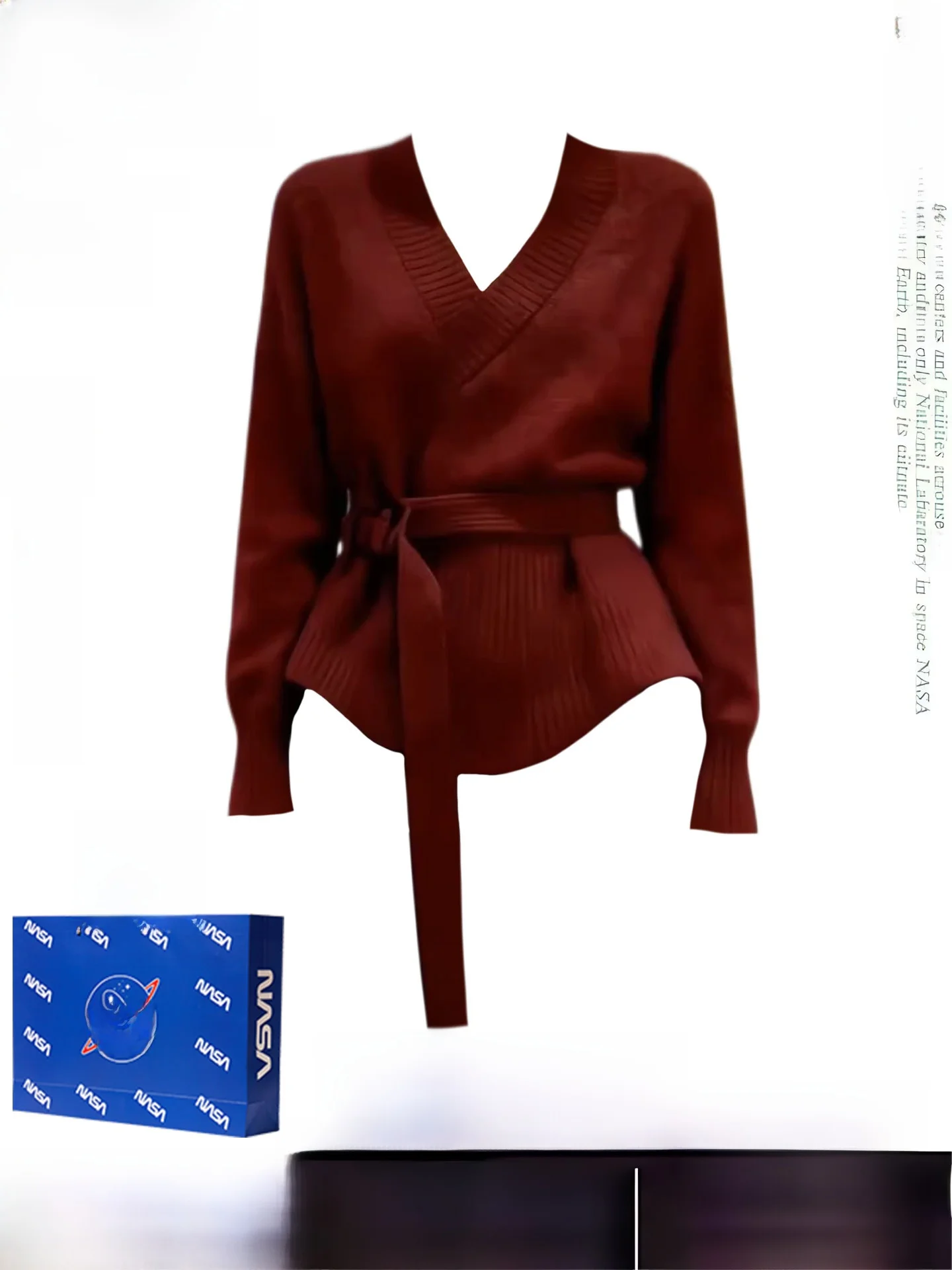 

Ele Vintage Red V-Ne Knitwear Women's Autumn Winter Slim Fit High Waist Design Casual Sle Long Sve Top