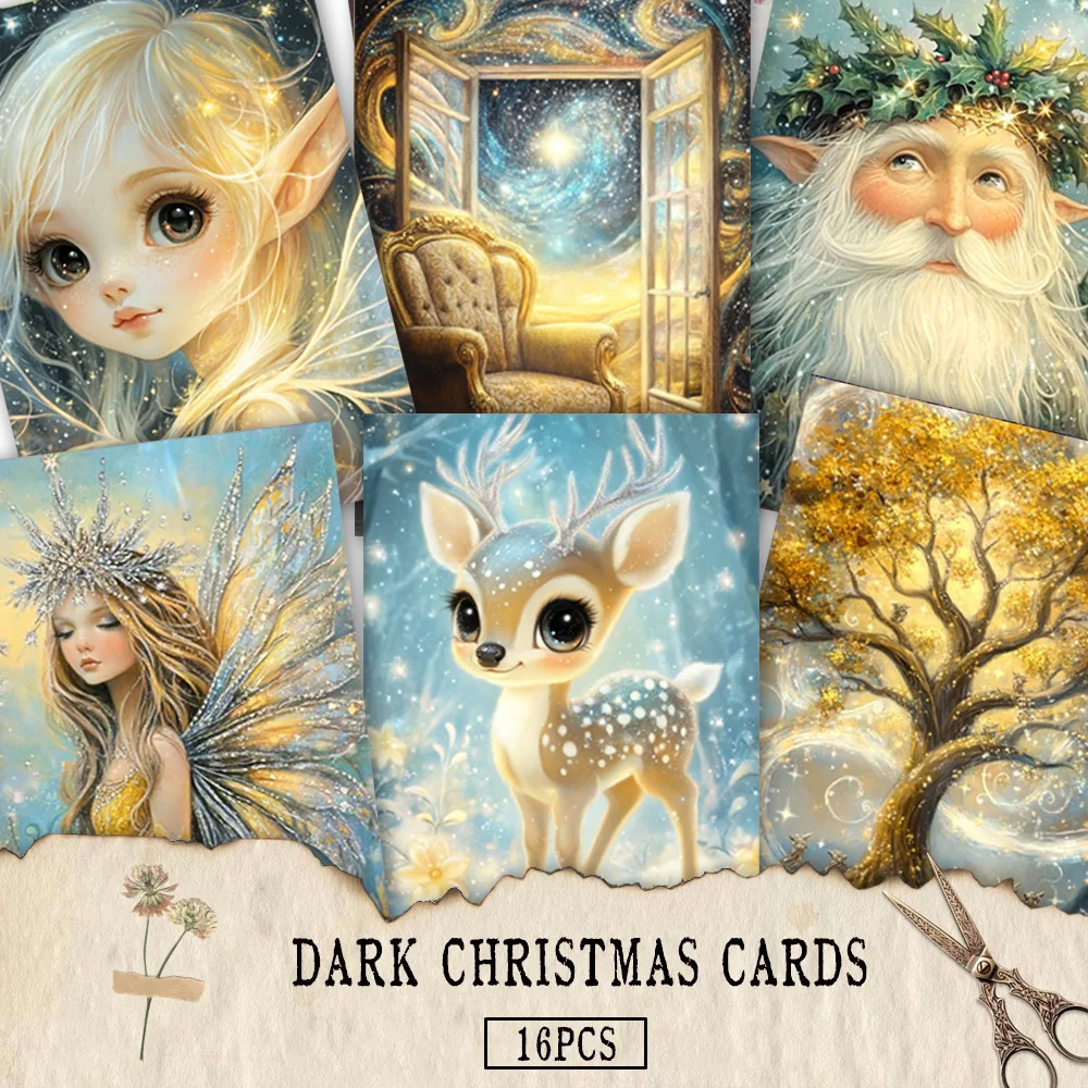 16pcs, warm gold fantasy fairy postcards, New Year gifts,Christmas gifts,living room decoration,bedroom decoration, high-quality