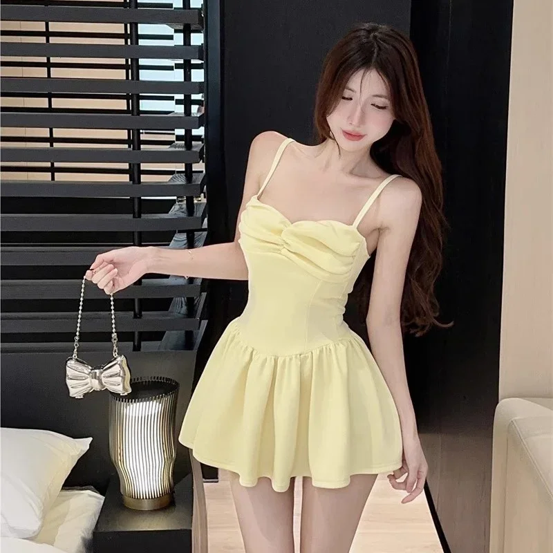 Women Sweet Elegant Suspender Cinderella Dress Lady Fashion Designer Prom Ruched Dress Female Yellow Backless Valentine Dress