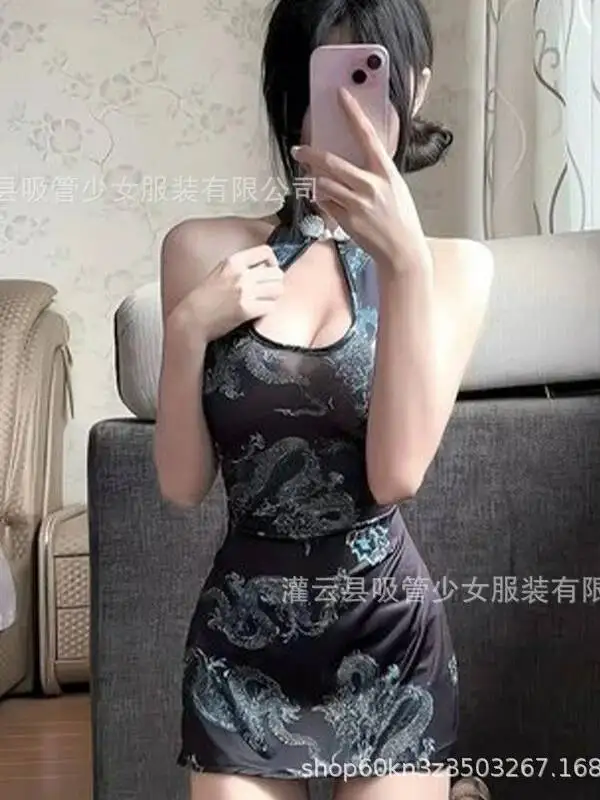 Floral Totem New Chinese Style Dragon Pattern Cheongsam Dress Trendy Backless Deep V Hanging Neck Sleeveless Dress Elegant 5TAJ
