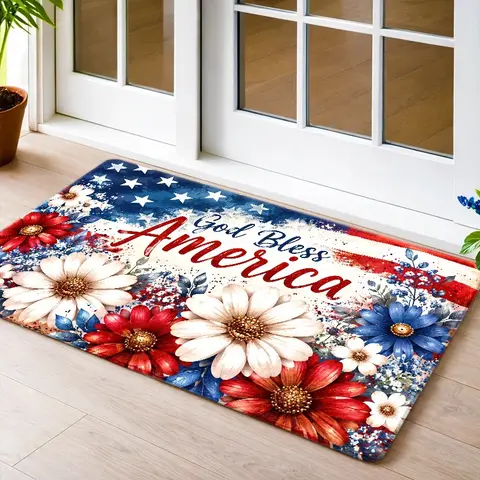 1Pc/2Pcs/3Pcs God Bless America Floral American Flag Suitable for Front Door, Kitchen, Bathroom, Bedroom, Indoor/Outdoor Entry Carpet - Machine-Washable Floor Mat with American Flag, Pet-Friendly for Porch, Balcony