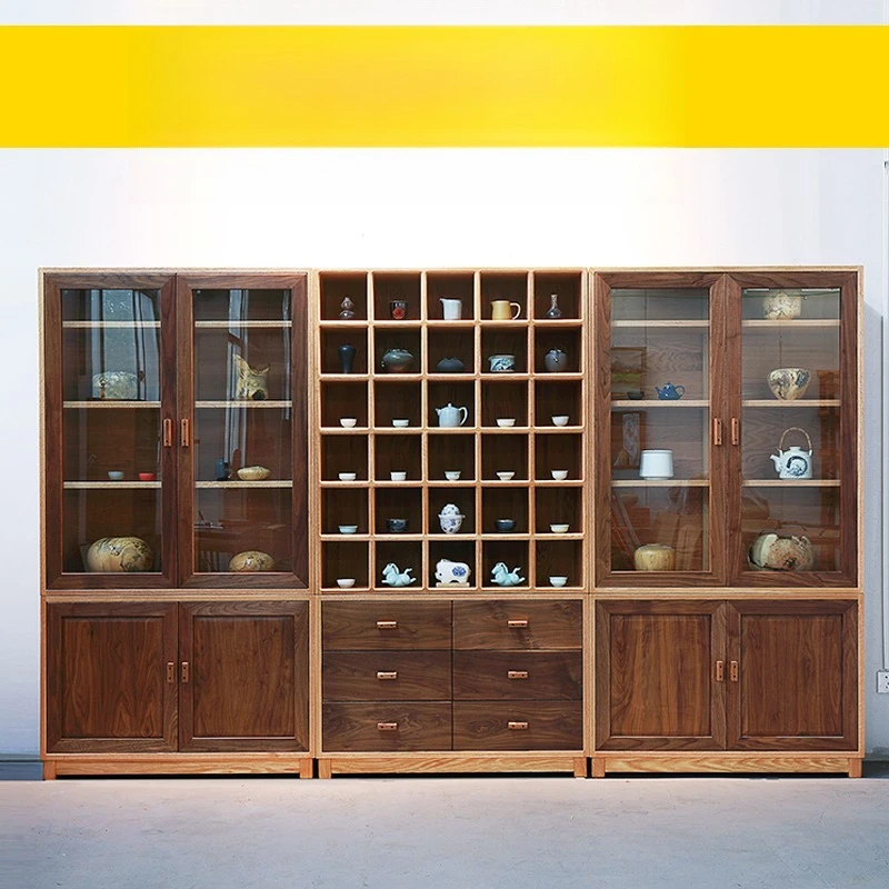 Solid wood simple Zen bookcase, Bogu shelf, new Chinese style, glass, bookcase, modern literary display