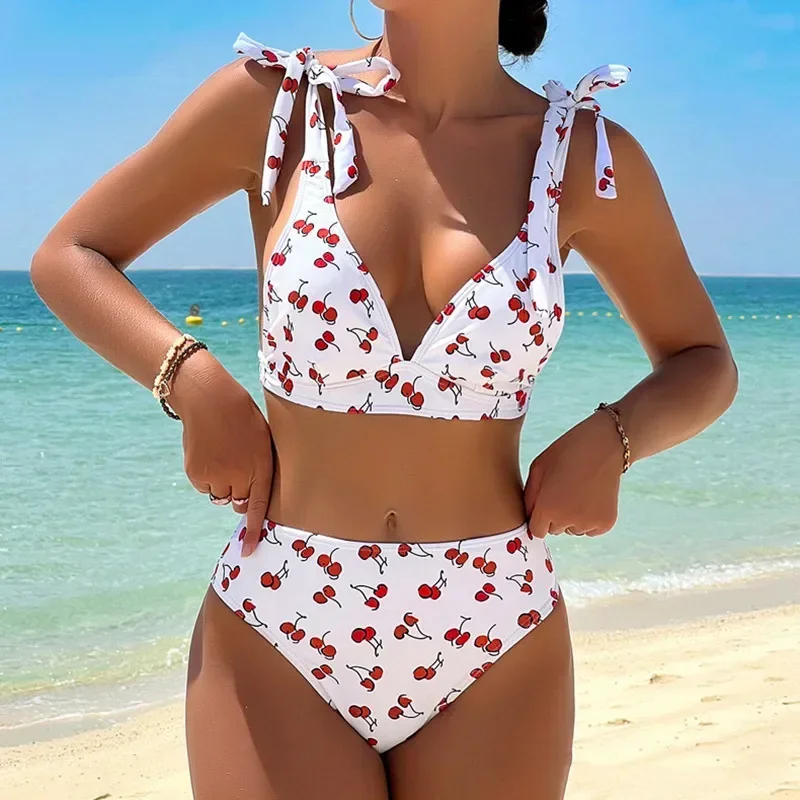 Trajes de baño sexis con estampado de cereza para Mujer, conjuntos de Bikinis con aumento, traje de baño de cintura alta, traje de baño con tirantes anudados, Bikini para bañistas 2024