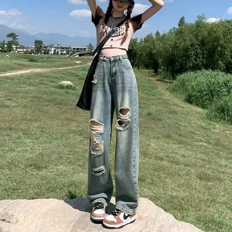 

High Waist Hole Design Skinny Straight Leg Jeans Women's Autumn Winter 2023 New Sle Cotton Stretch Denim Pants for Trendy G...