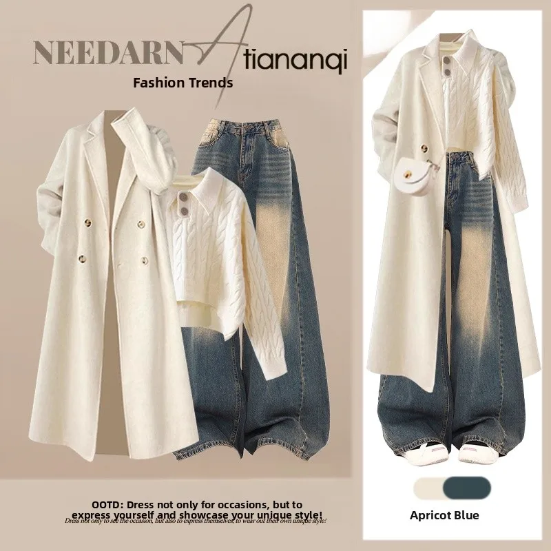 

Ele Autumn Korean Sle Women's Long Coat Lazy Knitted Sweater Slimming Jeans Tee-Piece Set Faionable Ensemble