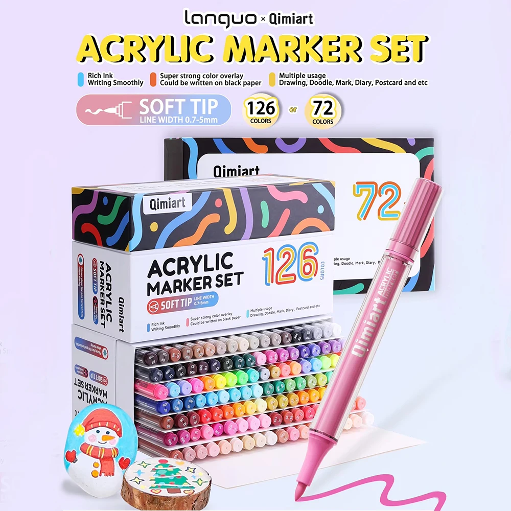 LANGUO 126/72 Colors Soft Tip Acrylic Marker Set, Quick Dry & Waterproof, Christmas Gift,For Rock Painting, Wood, DIY Crafts