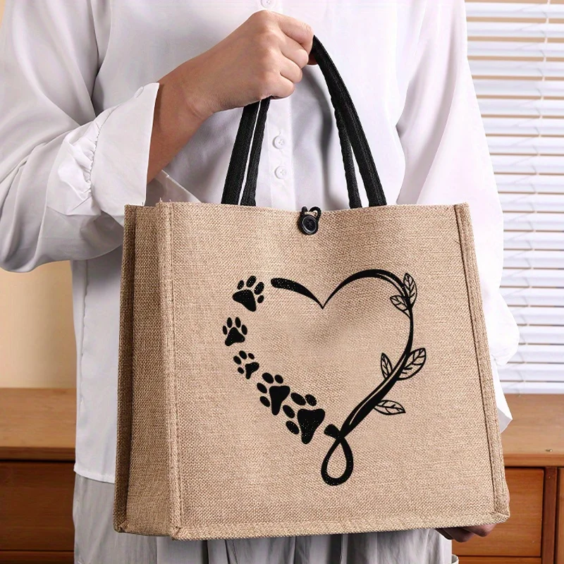 Letter Print Tote Bag Pattern Black Heart Print Casual Handbag Large Capacity Gift Bags Women's Linen with Buttons Shopping Bags