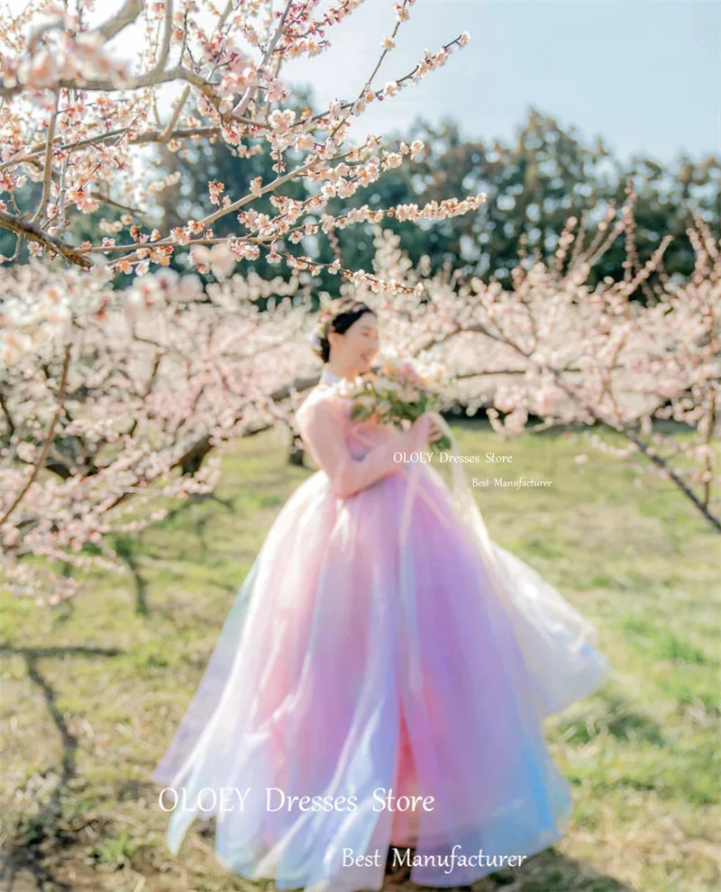 LISM Korea Women Formal Outfit Dresses Rainbow Tulle Long Sleeves Purple Pink Fairy Evening Gowns Photo shoot Custom Made