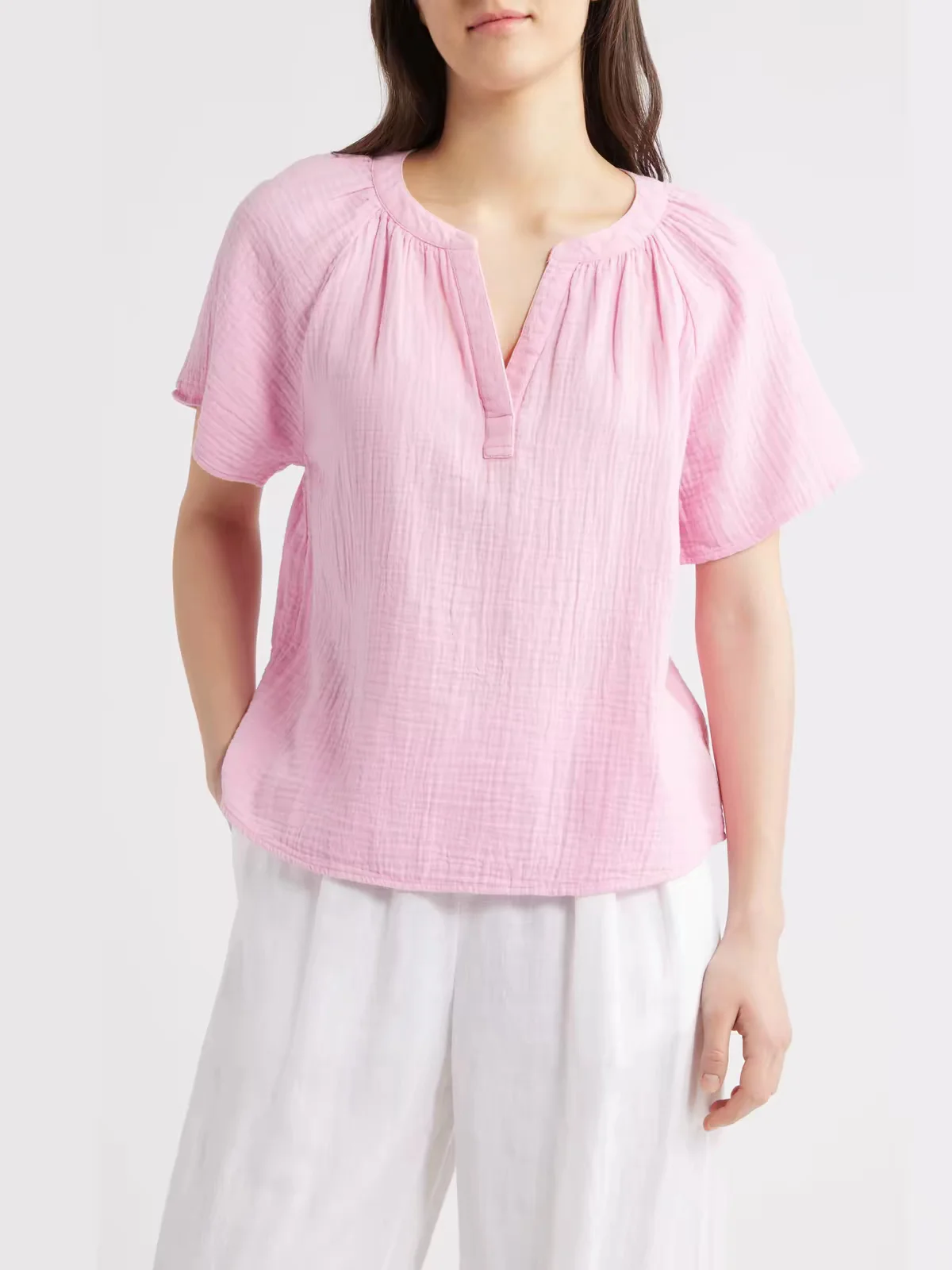 Loose Casual Top Summer Women's Simple Solid Color T-shirt V-neck Short Sleeve Blouses Plus Size Basic Commuting Shirts