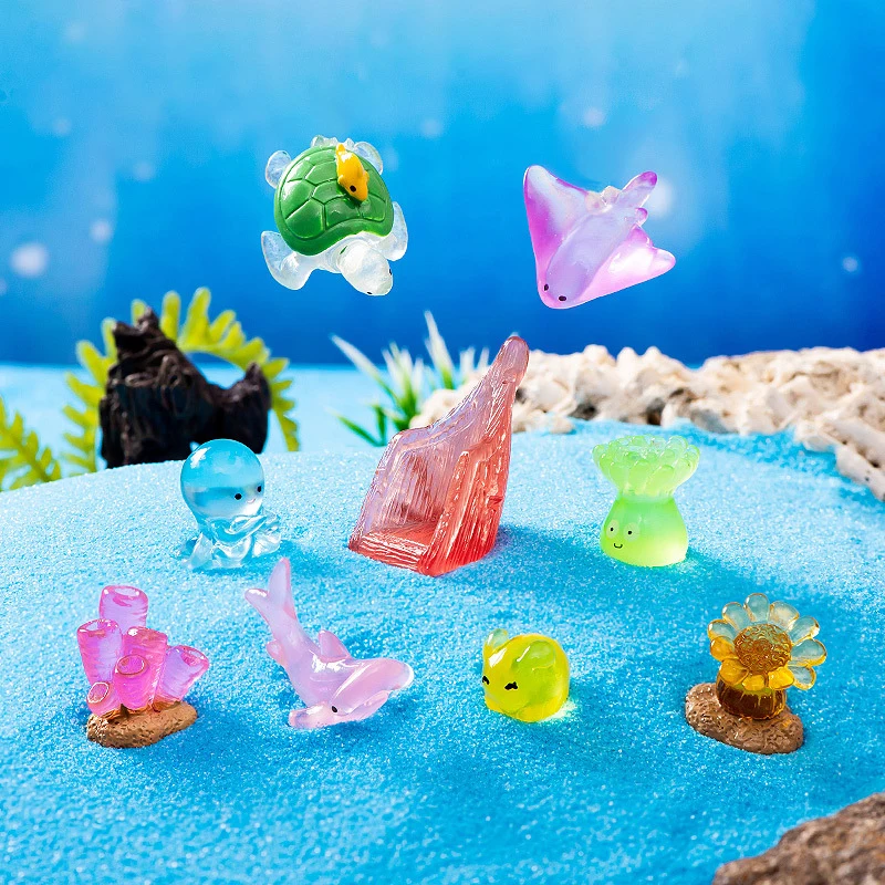 Luminous Marine Animal Ornament Mini Dolphin Seal Turtle Octopus Coral Figurines Micro Landscape Fish Tank Decoration Crafts