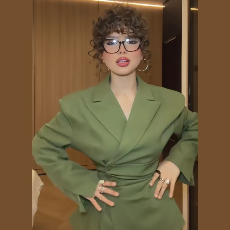 

Lady Slim Fit Button Waist Pleated Blazer Set 2026 Casual Office Padded Shoulder Lapel Jacket Cuffed Harem Pants 2-piece Outfits