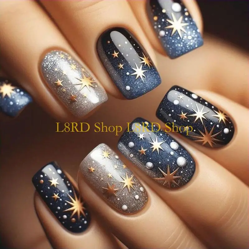 L8rd 24 pcs glitzernden vollen Cover auf Nagel kurzer Quadrat Falsches Nagel Astral Presse auf Nagel farbenfrohe Nagel