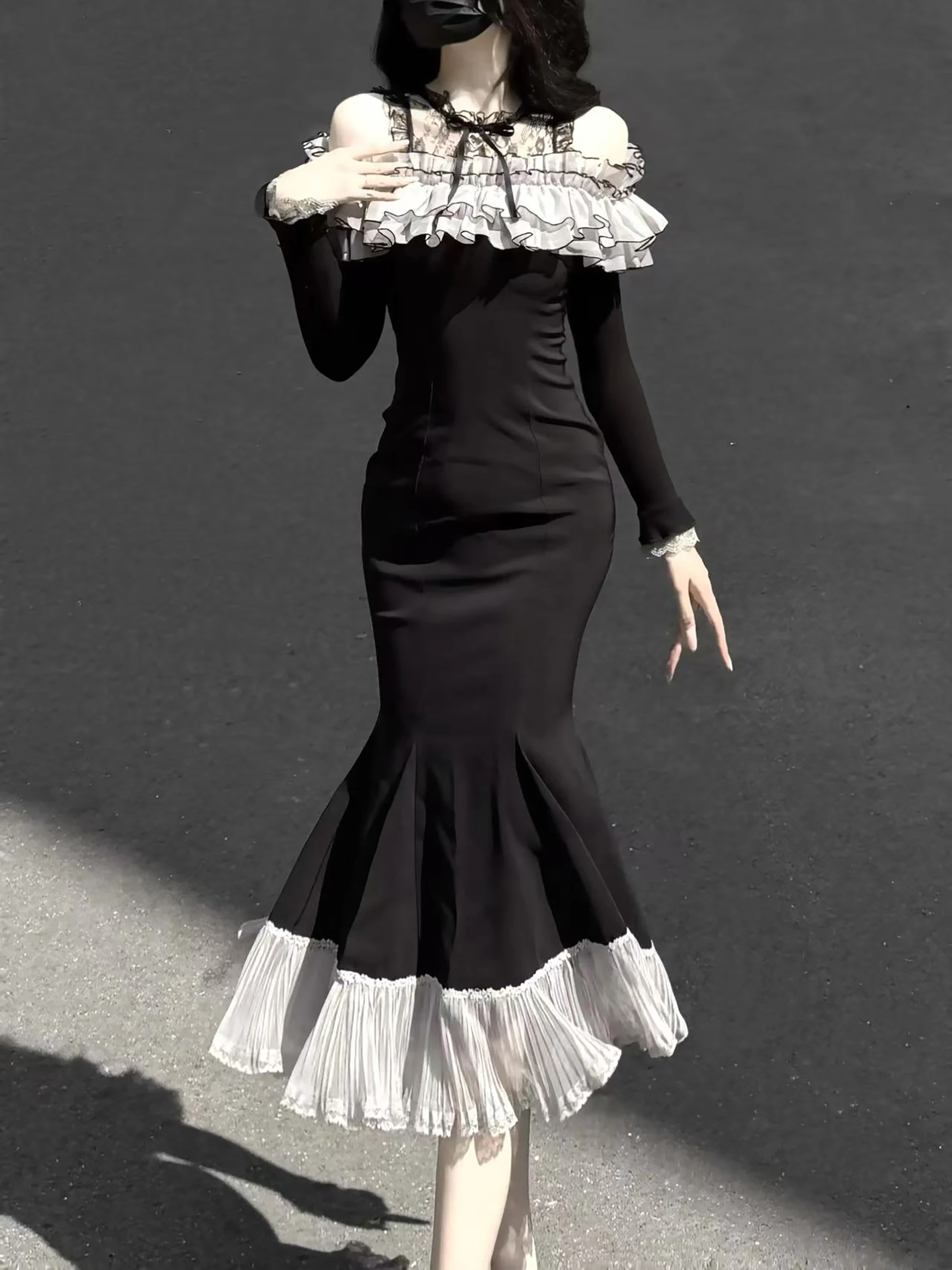 Japonês rojita estilo sc mina série rosa e preto vestidos babados em camadas borda de orelha de madeira vestido sereia lolita kawaii roupas