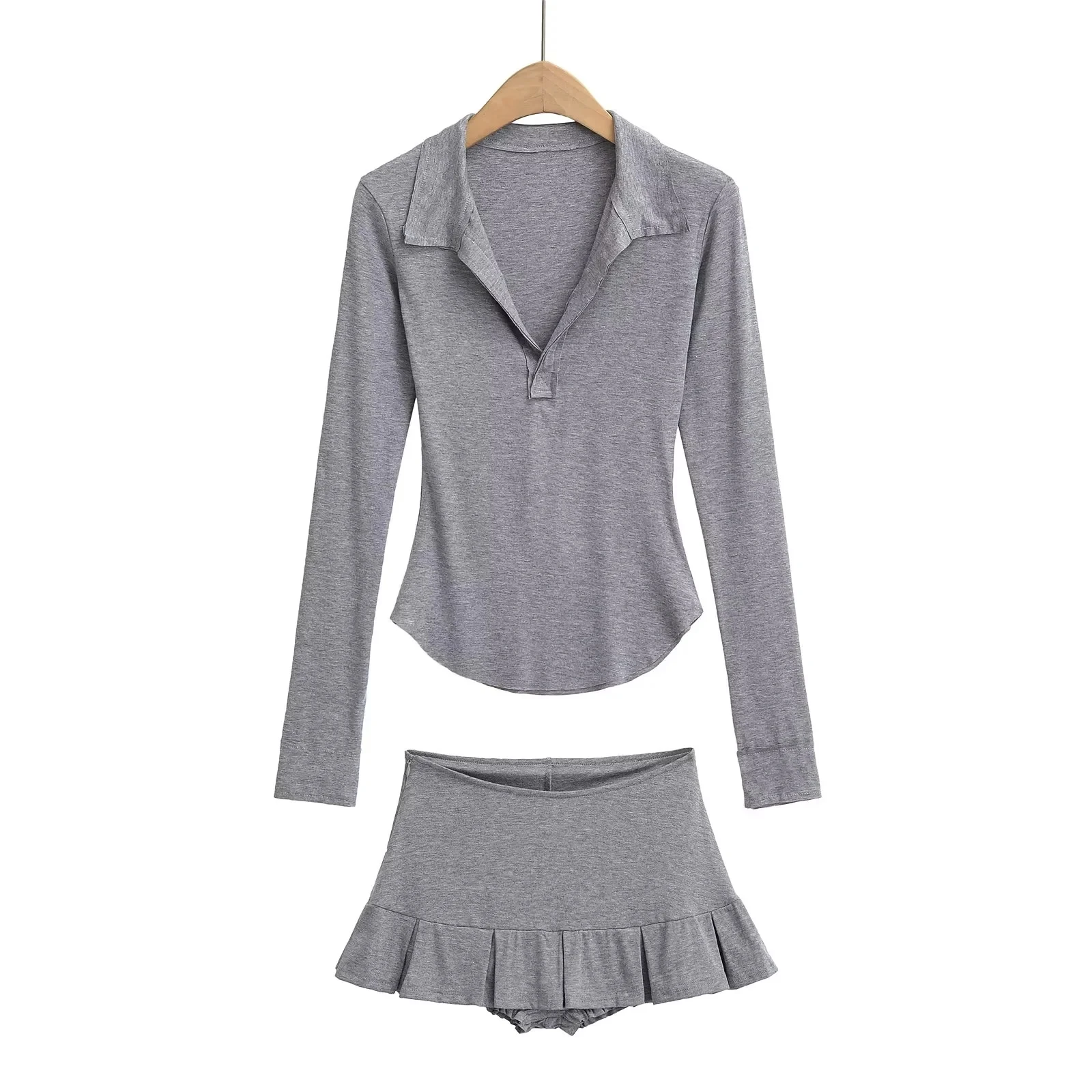 Seksowny, czysty pożądanie, wiosna 2025, nowy, elegancki, długi rękaw, koszulka z kołnierzykiem, spódnica do kolan, dwuczęściowy zestaw, moda damska, styl do pracy...