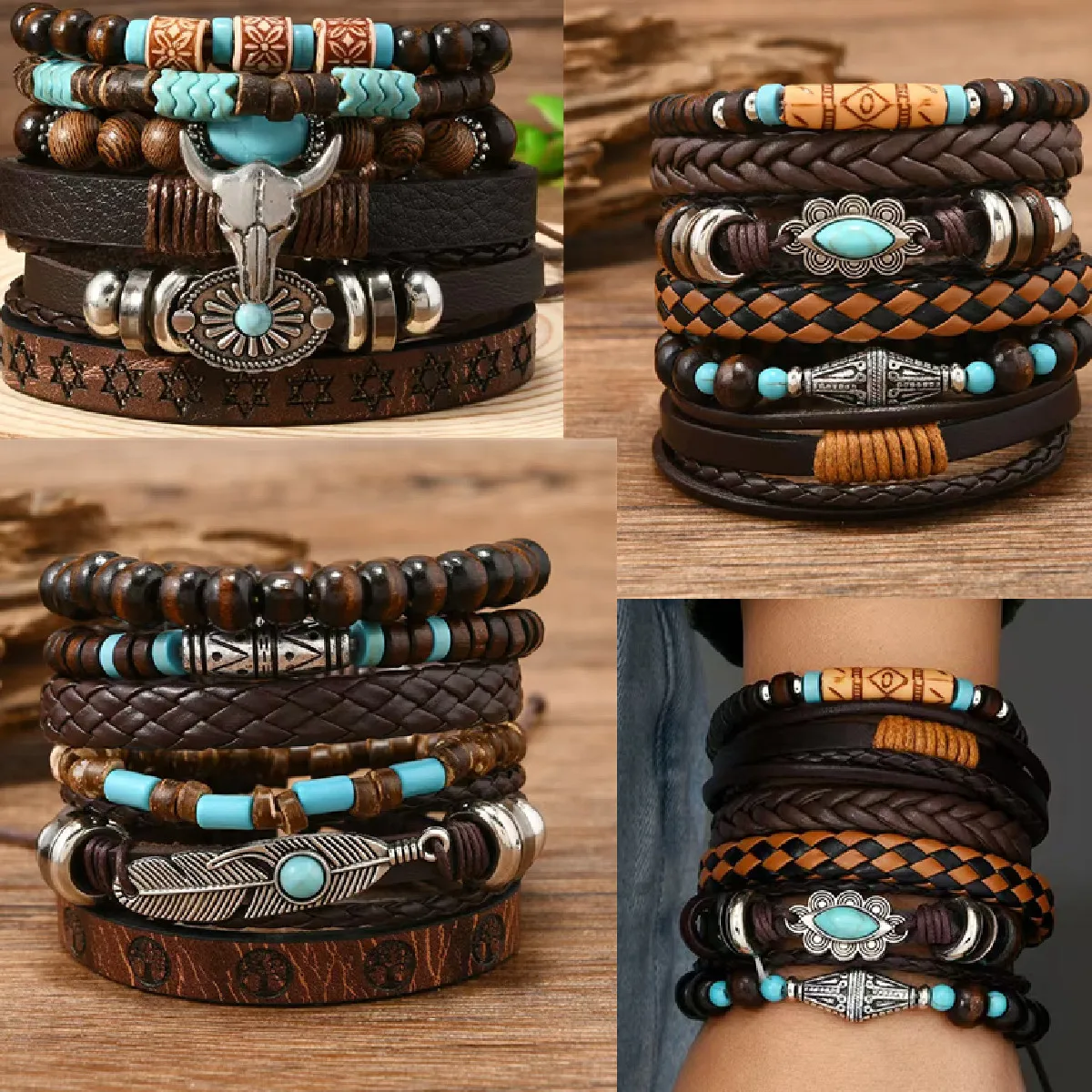 Vintage Feather Casual 6 Pc/set Tree Handmade Men Bracelets Male Women Leather Bracelets Men Bangle Wholesale Jewelry Gift