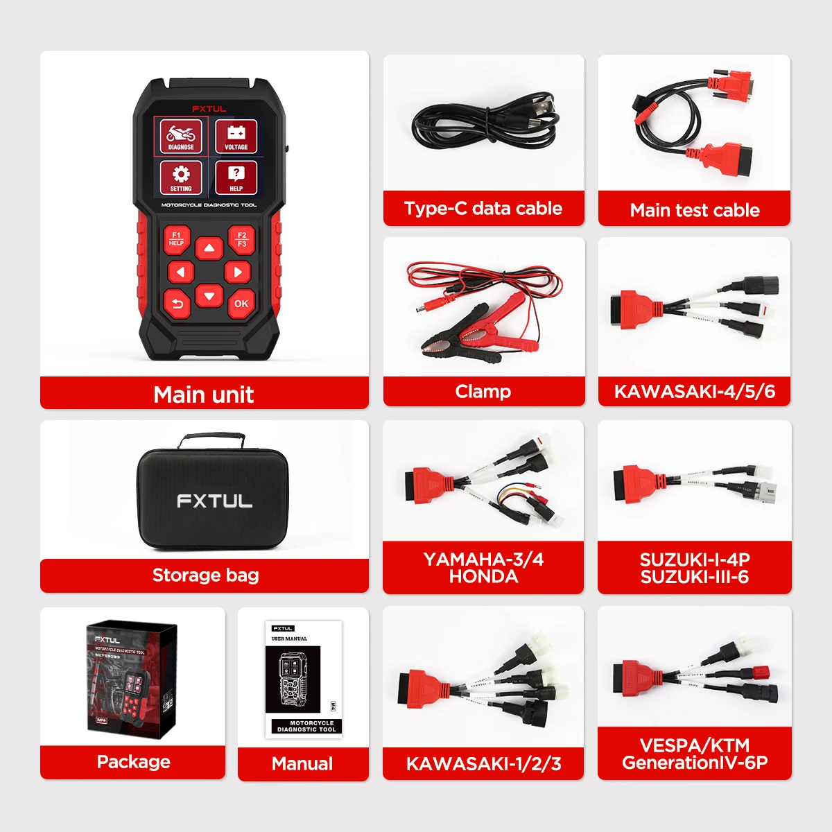 FXTUL M4-EU دراجة نارية ماسح ضوئي تشخيصي قراءة/واضح خطأ الرموز اختبار الجهد جميع النظام أداة تشخيصية obd2 #6