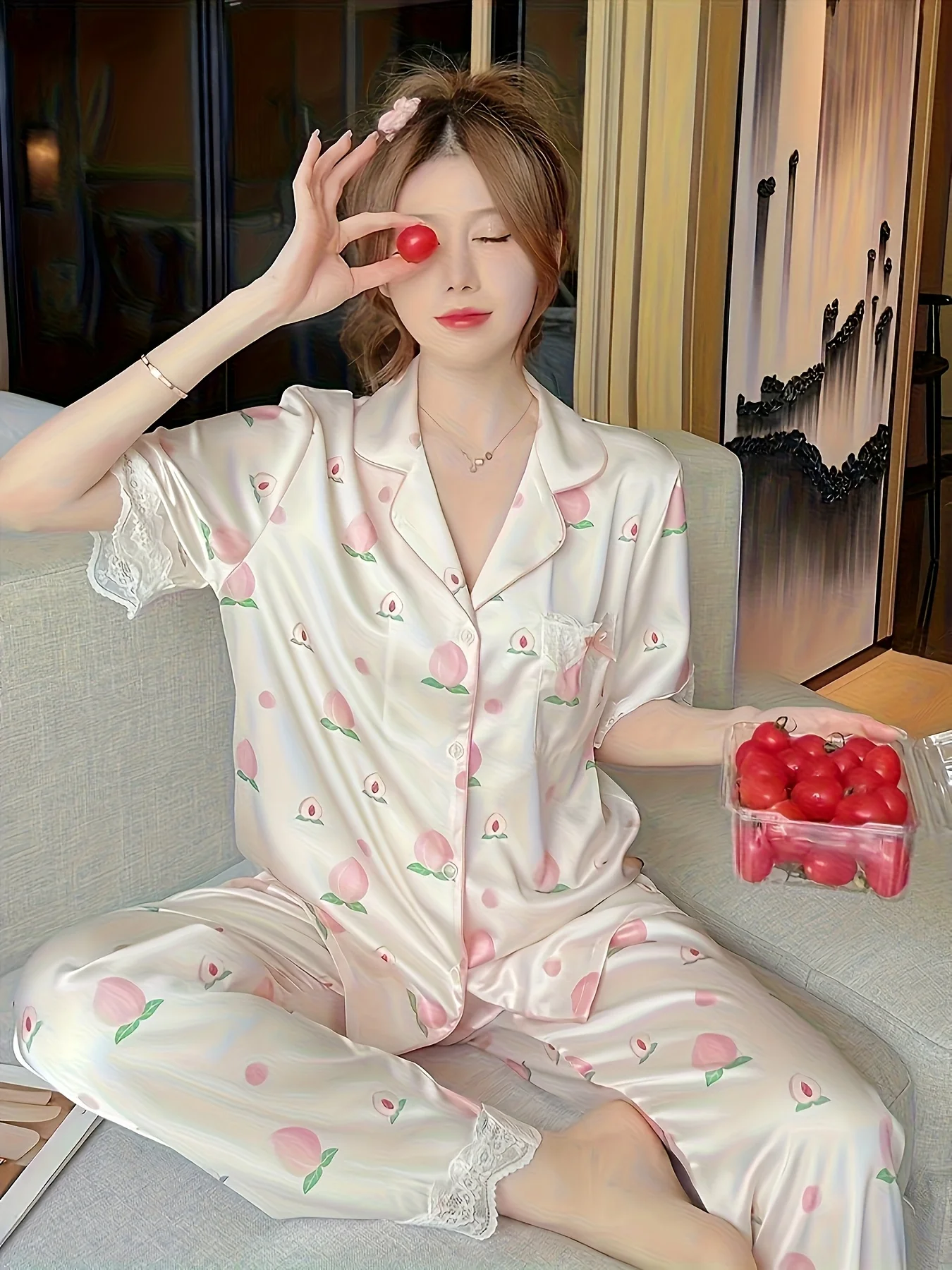 Women's Summer Short Sleeve Thin Korean Style Peach Lace Trim Sweet Faux Sexy Home Wear Set 3