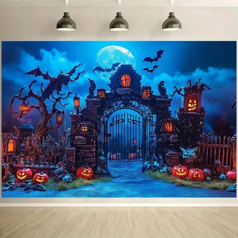 VIKAMA Halloween Gothic Wall Tapestry Blue Mist Cemetery Iron Gate Pumpkin Bat Full Moon Ghostly Day Cloth Party Decoration