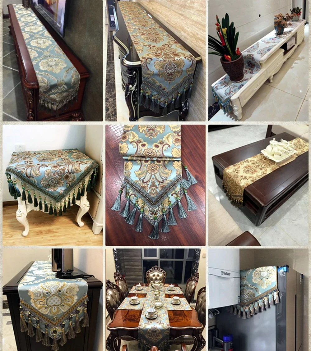 High Density Embroidered Jacquard Tablecloth European Luxury Tassel Table Runner Non-slip Fabric Bottom Table Cover Table Flag