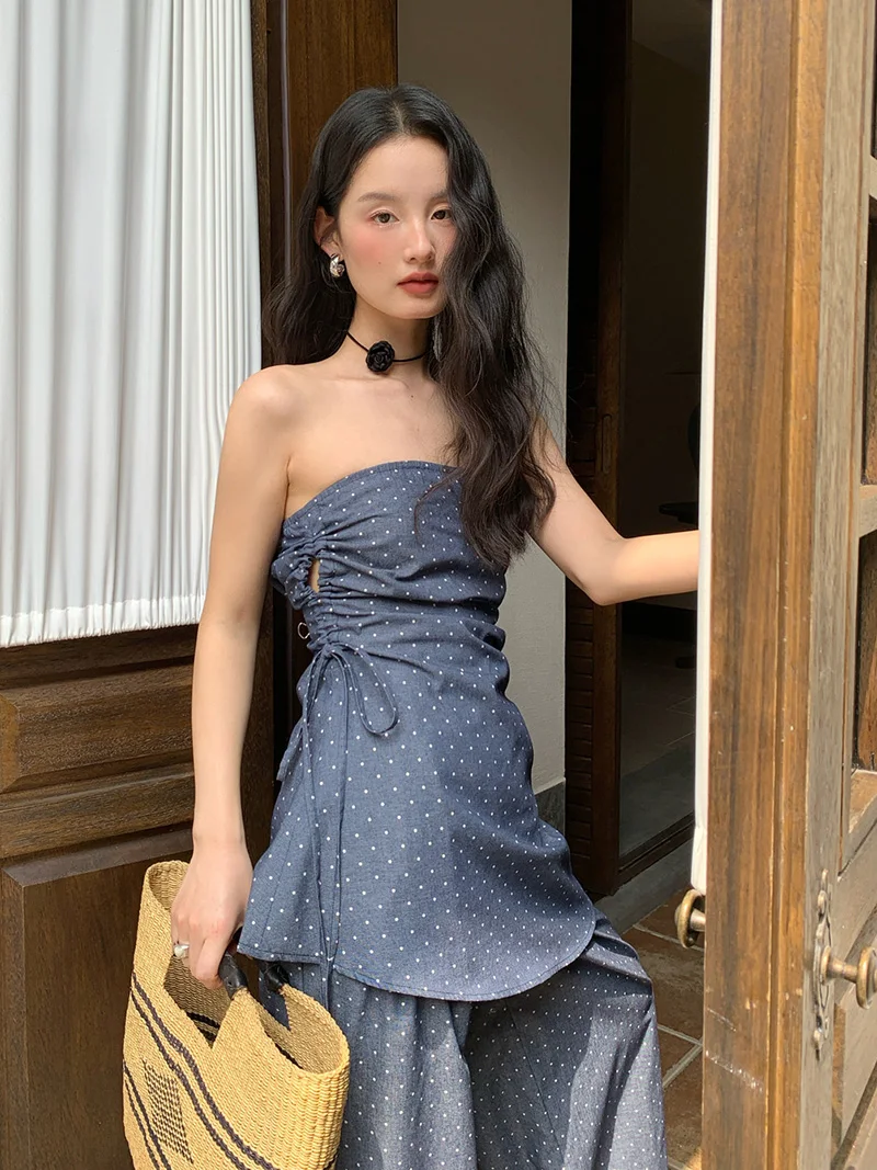 Chic Street Style 2025 Summer French Sexy Sleeveless Polka Dot Top Women Vintage Floor-length Wide Leg Pants Set two peice sets