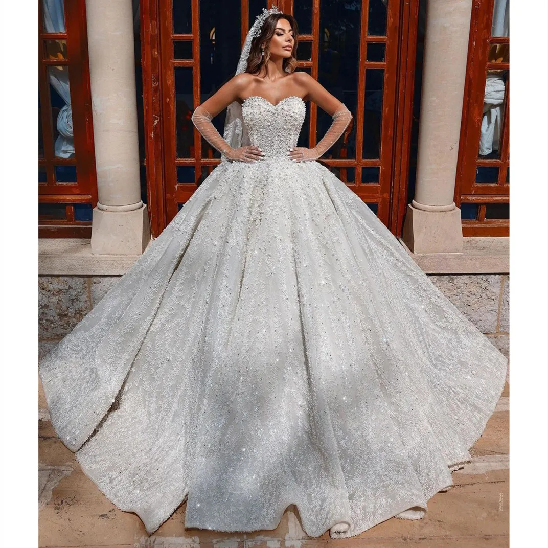 

Exquisite Ball Gown Wedding Dresses Sleeveless V Neck Sequins Appliques Lace Ruffles Lace-up Pearls Beads Plus Size Bridal Gowns