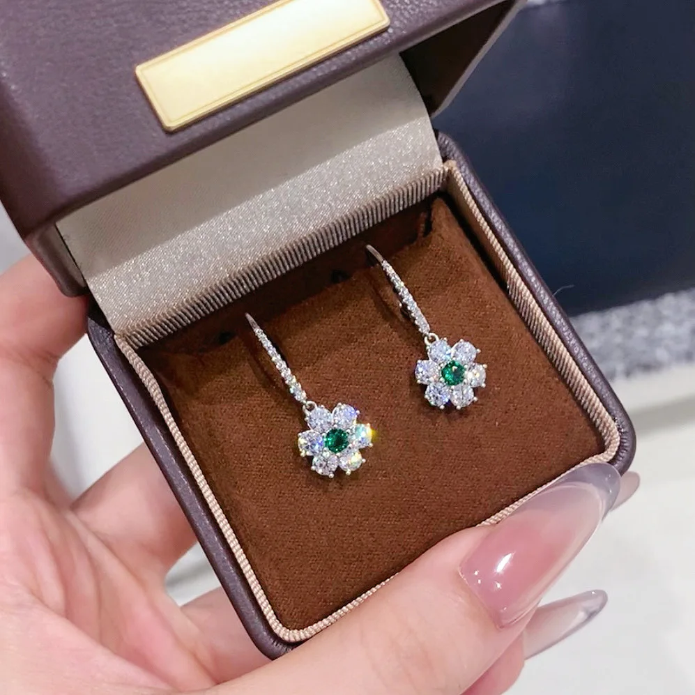 Trendy 925 Sterling Silver Drop Earrings For Women Flower Halo Leverback Green Simulated Stones Wedding Gift Luxury Fine Jewelry