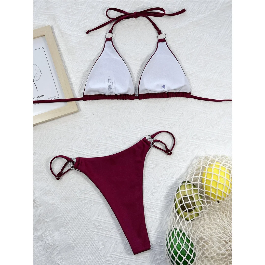 Sexy Neckholder-Bikini mit hohem Beinausschnitt und Metallring, Damen-Badeanzug, zweiteiliges Bikini-Set, Badebekleidung, Badeanzug, Modell V3142 – Detail 18