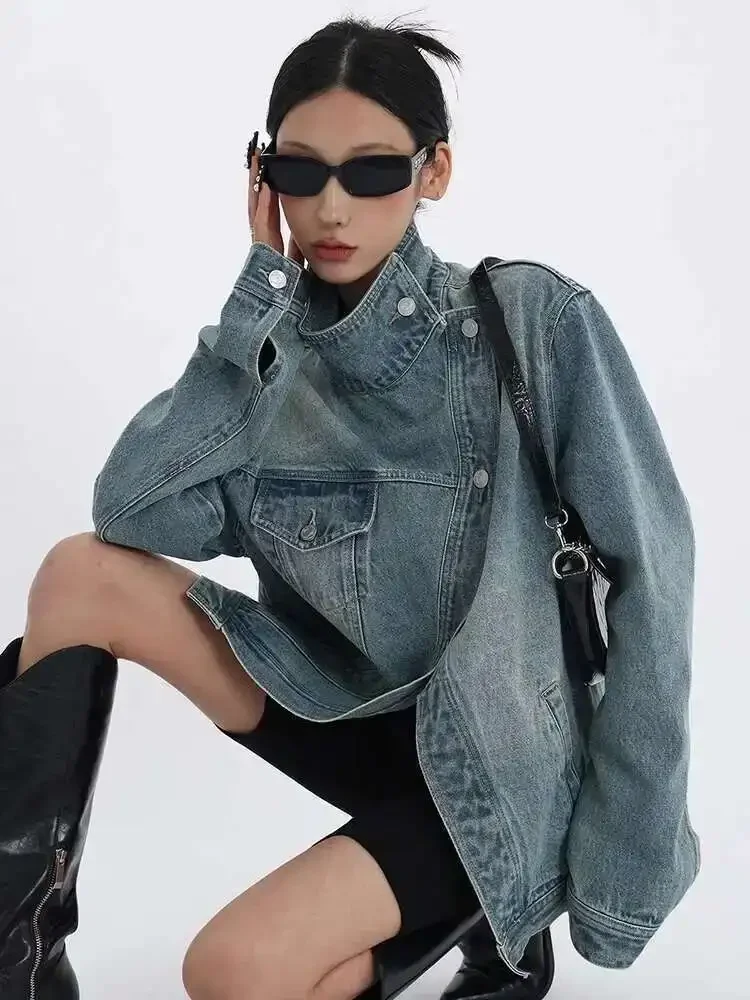 

2025Fashion lapel denim jacket asymmetrical design women's denim coat loose casual streetwear outerwear female coat