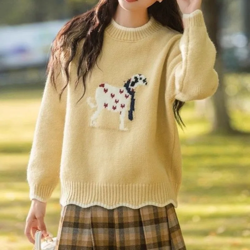 Design Sense Cartoon Puppy Yellow Lace Sweater for Women in Autumn and Winter New Lazy Thickened Knitted Sweater